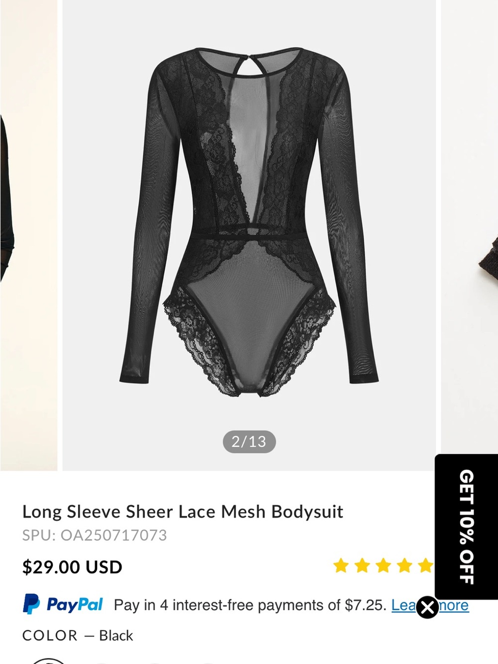 Commense Black Sheer Lace Long-Sleeve Bodysuit